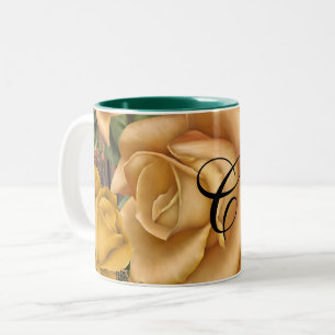 Caneca De Café Em Dois Tons Rosas Amarelas & Madeira Rústica Country Shabby Ch