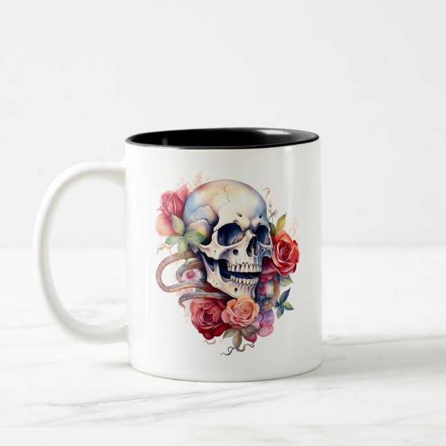 Caneca De Café Em Dois Tons Rosas de crânio e Cobra (Esquerda)