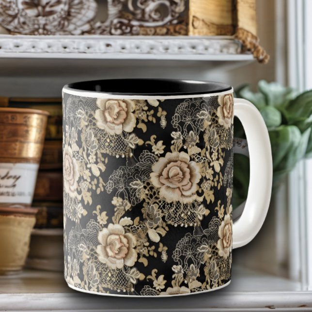 Caneca De Café Em Dois Tons Rosas de Lace Elegante Vitoriano Preto (Criador carregado)