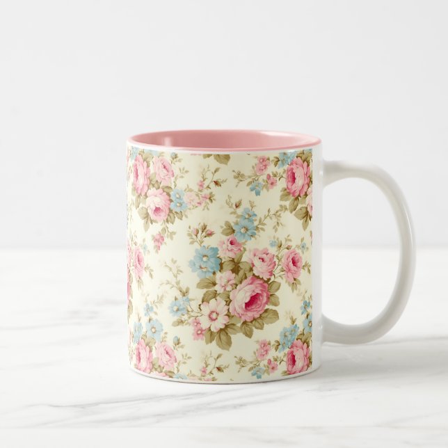 Caneca De Café Em Dois Tons Rosas Românticos de Inglês Rosa em Amarelo Pálido (Direita)