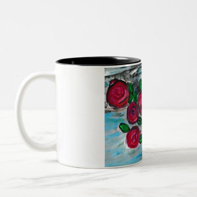 Caneca De Café Em Dois Tons Rosas vermelhas Com Pássaro Azul (Esquerda)