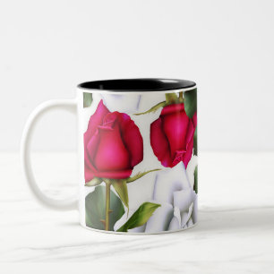 Caneca De Café Em Dois Tons Rosas Vermelhas e Brancas Shabby Chic Rústico Glam