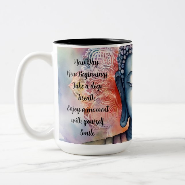 Caneca De Café Em Dois Tons Rosto Buda Watercolor com Fundo de Mandala (Esquerda)