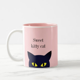 Caneca De Café Em Dois Tons Rosto de gato preto fofo e caligrafia em rosa