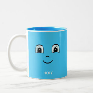 Caneca De Café Em Dois Tons Rosto Feliz Azul com Texto Personalizado e Monogra