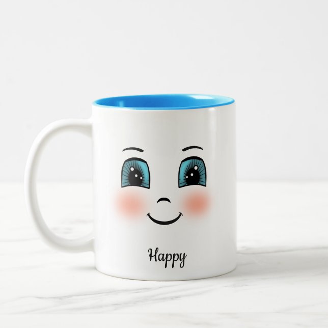 Caneca De Café Em Dois Tons Rosto feliz com rubor fofo em branco (Esquerda)