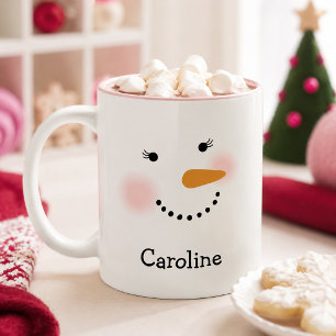 Caneca De Café Em Dois Tons Rosto Feliz de Boneco de Neve Nome Personalizado F