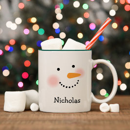 Caneca De Café Em Dois Tons Rosto Feliz de Boneco de Neve Verde Nome Personali