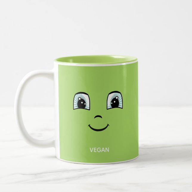 Caneca De Café Em Dois Tons Rosto Feliz Verde com Texto Vegano & Monograma (Esquerda)