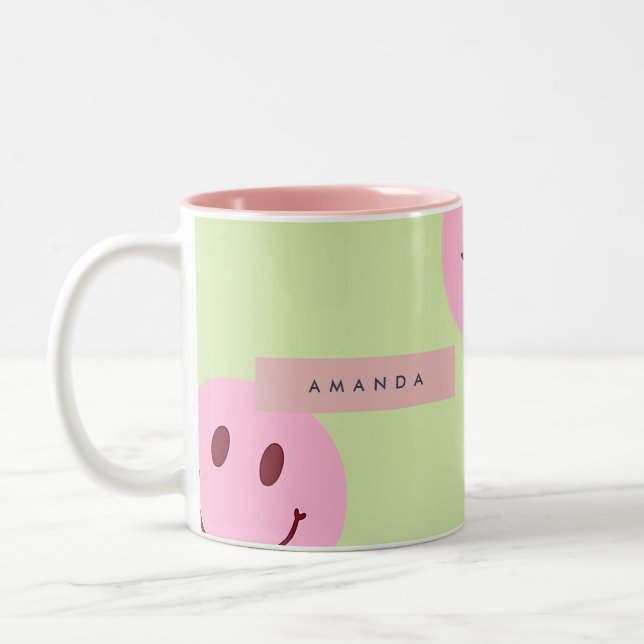 Caneca De Café Em Dois Tons Rosto Sorridente Personalizado Verde Pastel e Rosa (Esquerda)