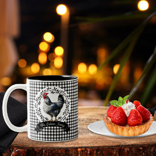 Caneca De Café Em Dois Tons Rustic Country Rooster Chicken BW Gingham Checks