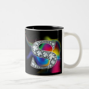 Caneca De Café Em Dois Tons "S" Diamond Bling no Rainbow Swirl Mug