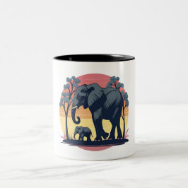 Caneca De Café Em Dois Tons Sábio e Selvagem – Elefante Retro Família Pôr do S