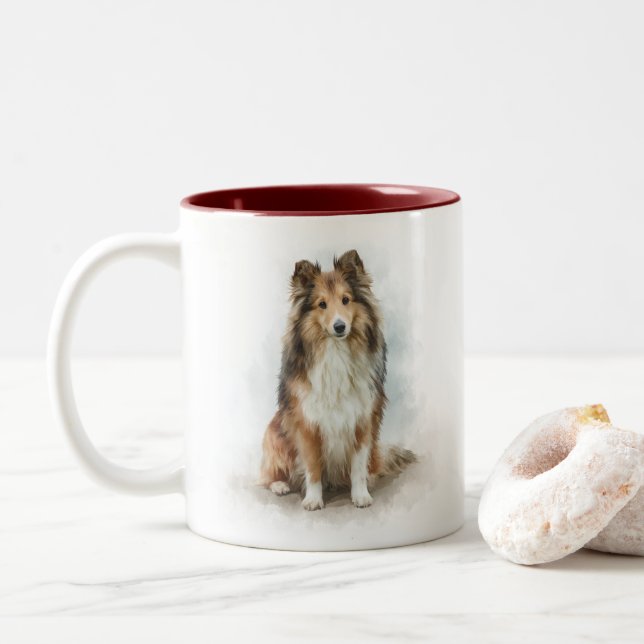 Caneca De Café Em Dois Tons Sable Shetland Sheepdog Portrait (Com Donut)