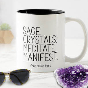 Caneca De Café Em Dois Tons Sage Crystals Medita Metafísica de Citação Manifes