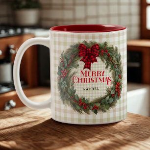 Caneca De Café Em Dois Tons Sage Green Gingham Farmhouse Wreath de Natal