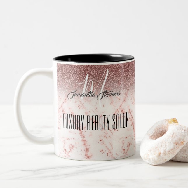 Caneca De Café Em Dois Tons Salão de beleza luxuosa com brilho rosa (Com Donut)