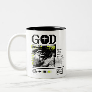 Caneca De Café Em Dois Tons Salmo 121:2 Neon Olho De Deus Em CRT Glitch Art