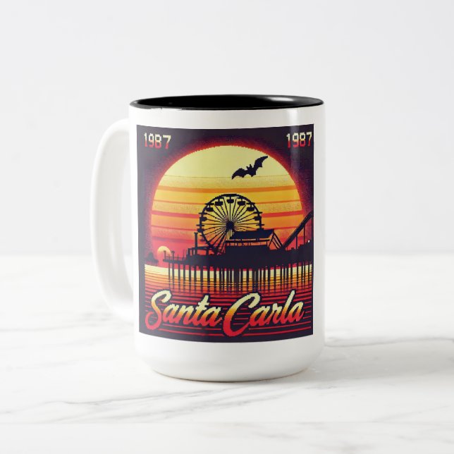 Caneca De Café Em Dois Tons Santa Carla 1987 design retrô (Frente Esquerda)