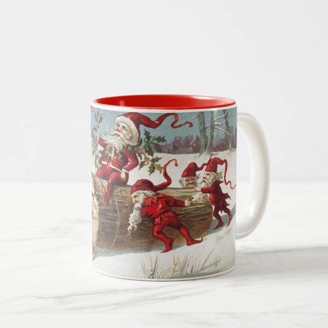 Caneca De Café Em Dois Tons Santa Claus Fazendo Log como Elves Empurrando e Pu (Frente Esquerda)