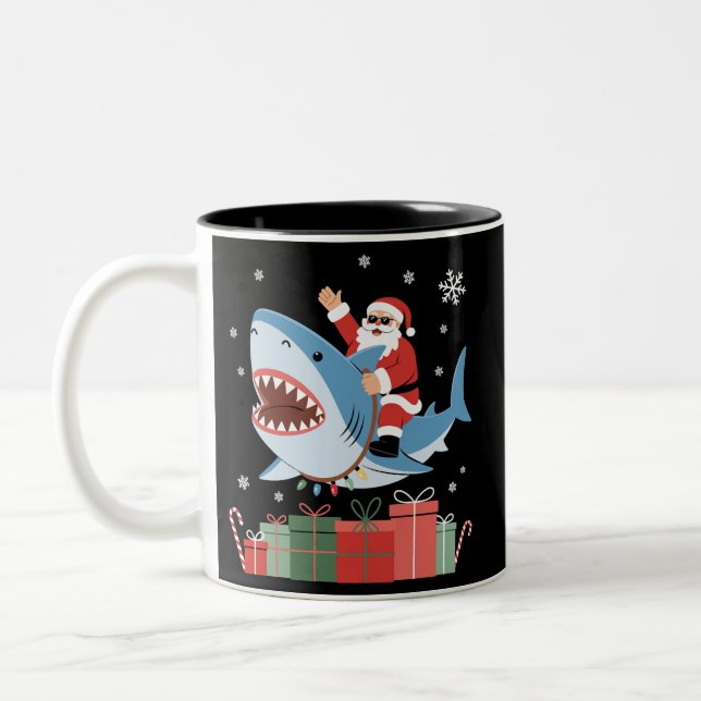 Caneca De Café Em Dois Tons Santa Riding Shark Christmas Pajama Cute Ocean  (Esquerda)