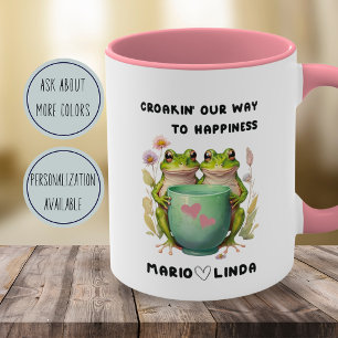 Caneca De Café Em Dois Tons Sapo floral de aniversário de casal de cottagecore
