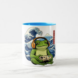 Caneca De Café Em Dois Tons Sapo Gamer Japonês — Sapo de Jogos Japonês Vintage