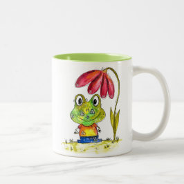 Caneca De Café Em Dois Tons Sapo verde branco sob uma flor vermelha