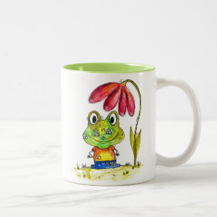 Caneca De Café Em Dois Tons Sapo verde branco sob uma flor vermelha