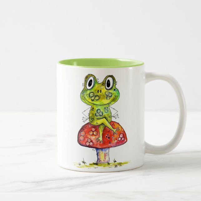 Caneca De Café Em Dois Tons Sapo Verde Brilhante em Toadstool (Direita)