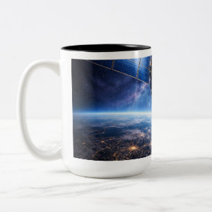 Caneca De Café Em Dois Tons Satélite Sobre o Planeta