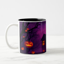 Caneca De Café Em Dois Tons Scary Halloween Mug - Casa Assombrada com Pumpkins