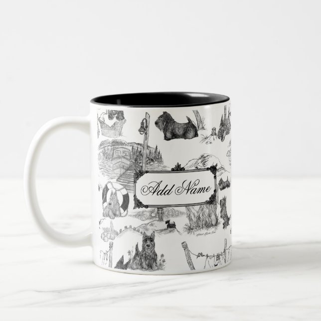 Caneca De Café Em Dois Tons SCOTTISH Terrier Black Toile w/Custom Name (Esquerda)
