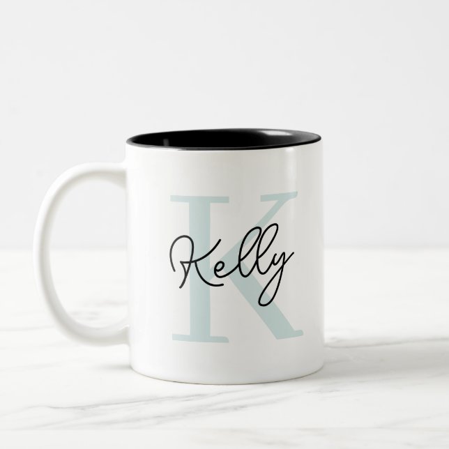 Caneca De Café Em Dois Tons Script de Monograma Azul Aqua Moderno (Esquerda)