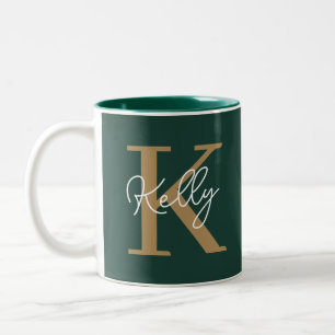 Caneca De Café Em Dois Tons Script Dourado Monograma do Emerald Green moderno