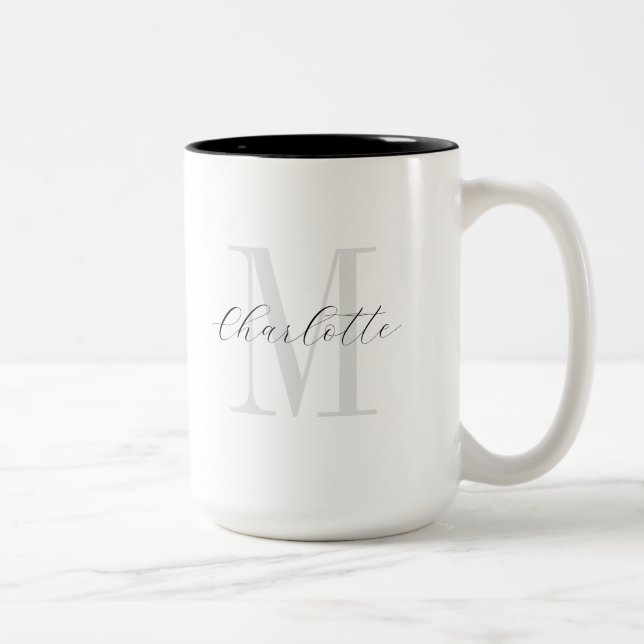 Caneca De Café Em Dois Tons Script Monograma de Nome Personalizado (Direita)