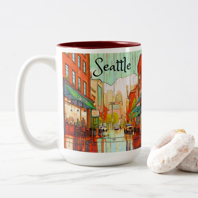 Caneca De Café Em Dois Tons Seattle sob a Chuva  (Com Donut)