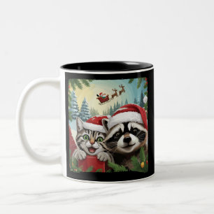 Caneca De Café Em Dois Tons Selfie de Gato Com o Trenó do Papai Noel Mapache E