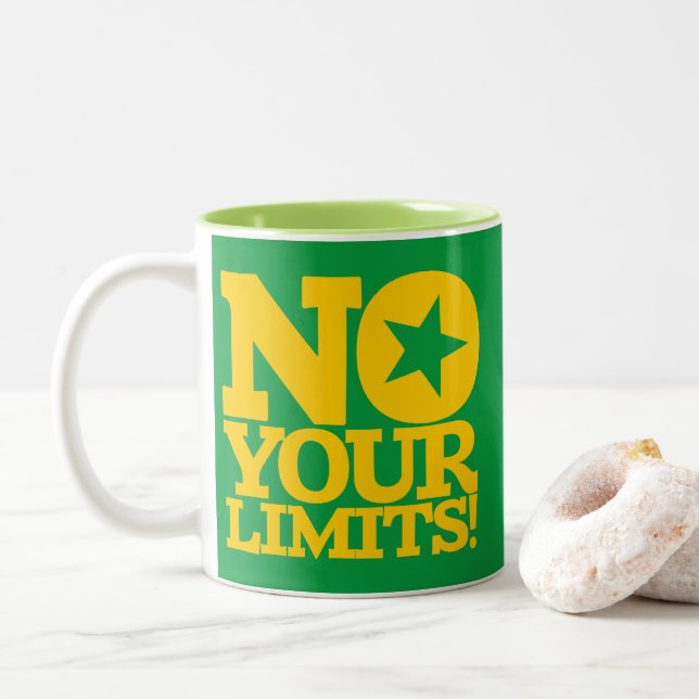 Caneca De Café Em Dois Tons Sem Seus Limites! Texto Dourado Verde BG (Com Donut)