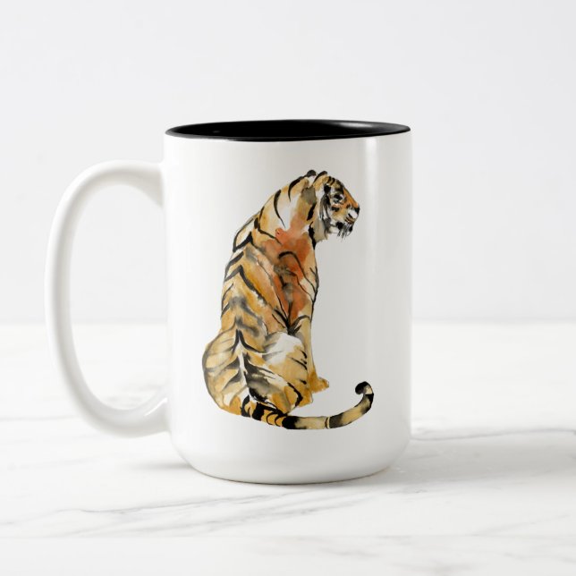 Caneca De Café Em Dois Tons Sentado de Tigre de Aquarela (Esquerda)