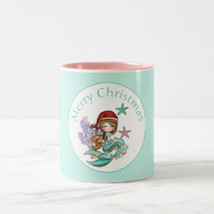 Caneca De Café Em Dois Tons Sereia de Natal bonita em Santa Hat, rosa e chá