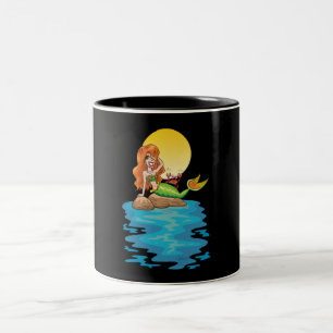 Caneca De Café Em Dois Tons Sereia nas rochas com o amigo sob a lua amarela
