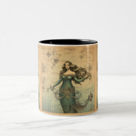 Caneca De Café Em Dois Tons Sereia no Mapa da Vintagem: Fantasia Náutica