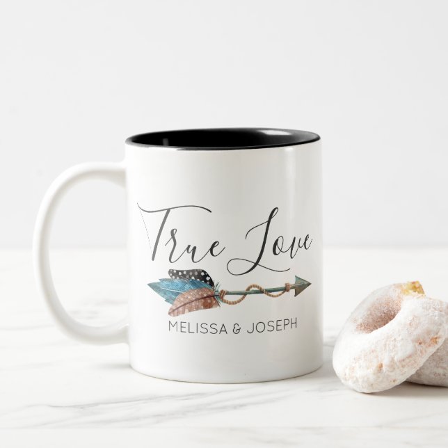 Caneca De Café Em Dois Tons Seta de Penas Turquesa Russa Boho Chic Verdadeiro  (Com Donut)