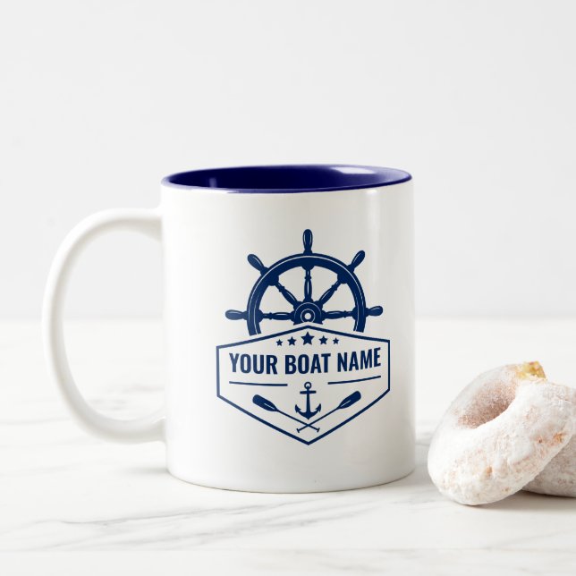 Caneca De Café Em Dois Tons Seu nome de barco Marinho de helicóptero de ancora (Com Donut)
