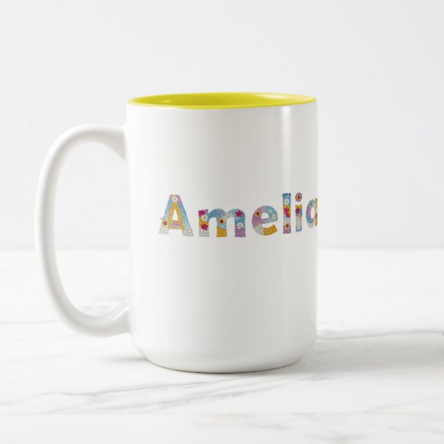 Caneca De Café Em Dois Tons Seu nome em letras florais artísticas / Amelia (Esquerda)
