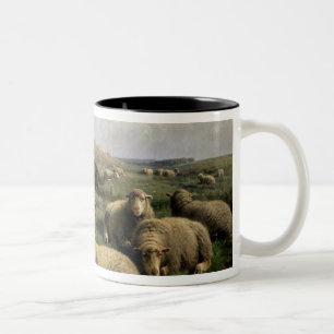 Caneca De Café Em Dois Tons Shepherdess com carneiros em uma paisagem