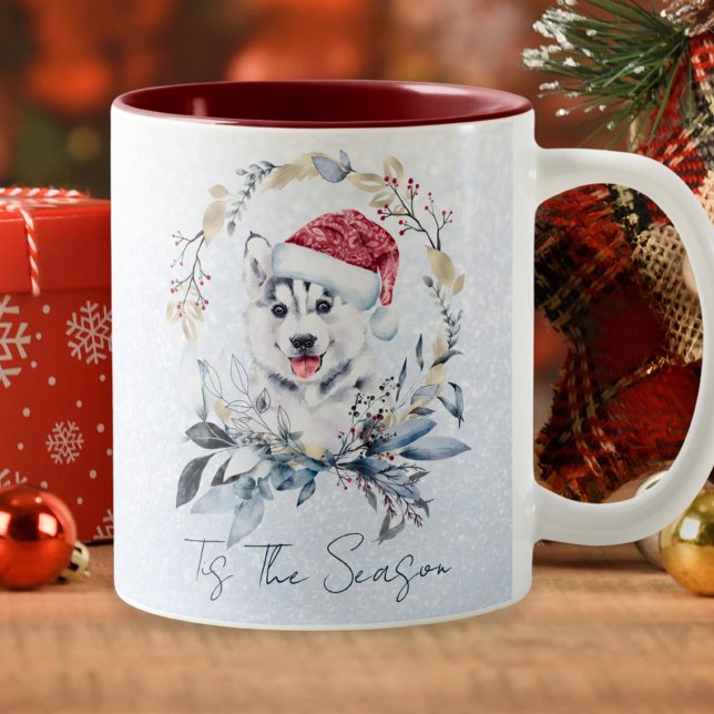 Caneca De Café Em Dois Tons Siberian Husky Dog Blue Dourada Wreath Natal (Criador carregado)