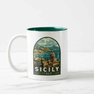 Caneca De Café Em Dois Tons Sicília Itália Viagem Art Vintage