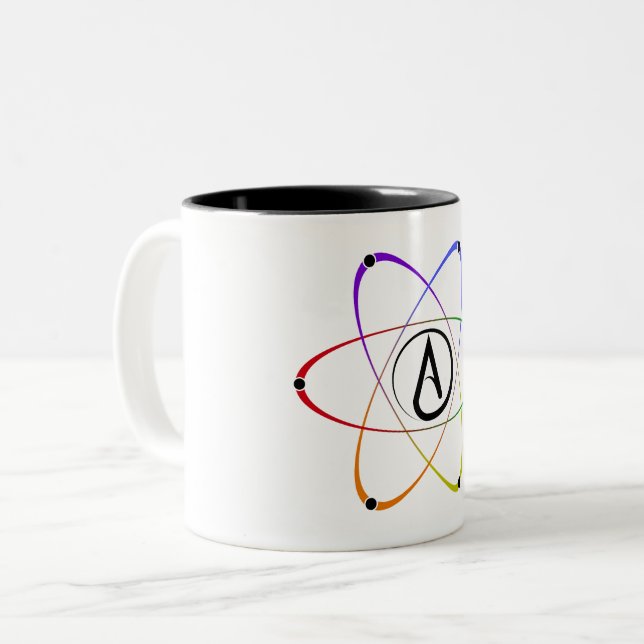 Caneca De Café Em Dois Tons Símbolo de Átomo Ateu Arco-íris Preto (Frente Esquerda)